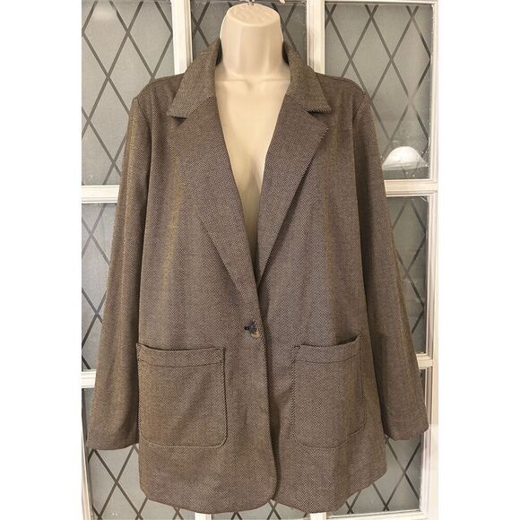 NEW Croft & Barrow Comfort Stretch Petite Large Brown Herringbone Blazer Jacket - Picture 2 of 7